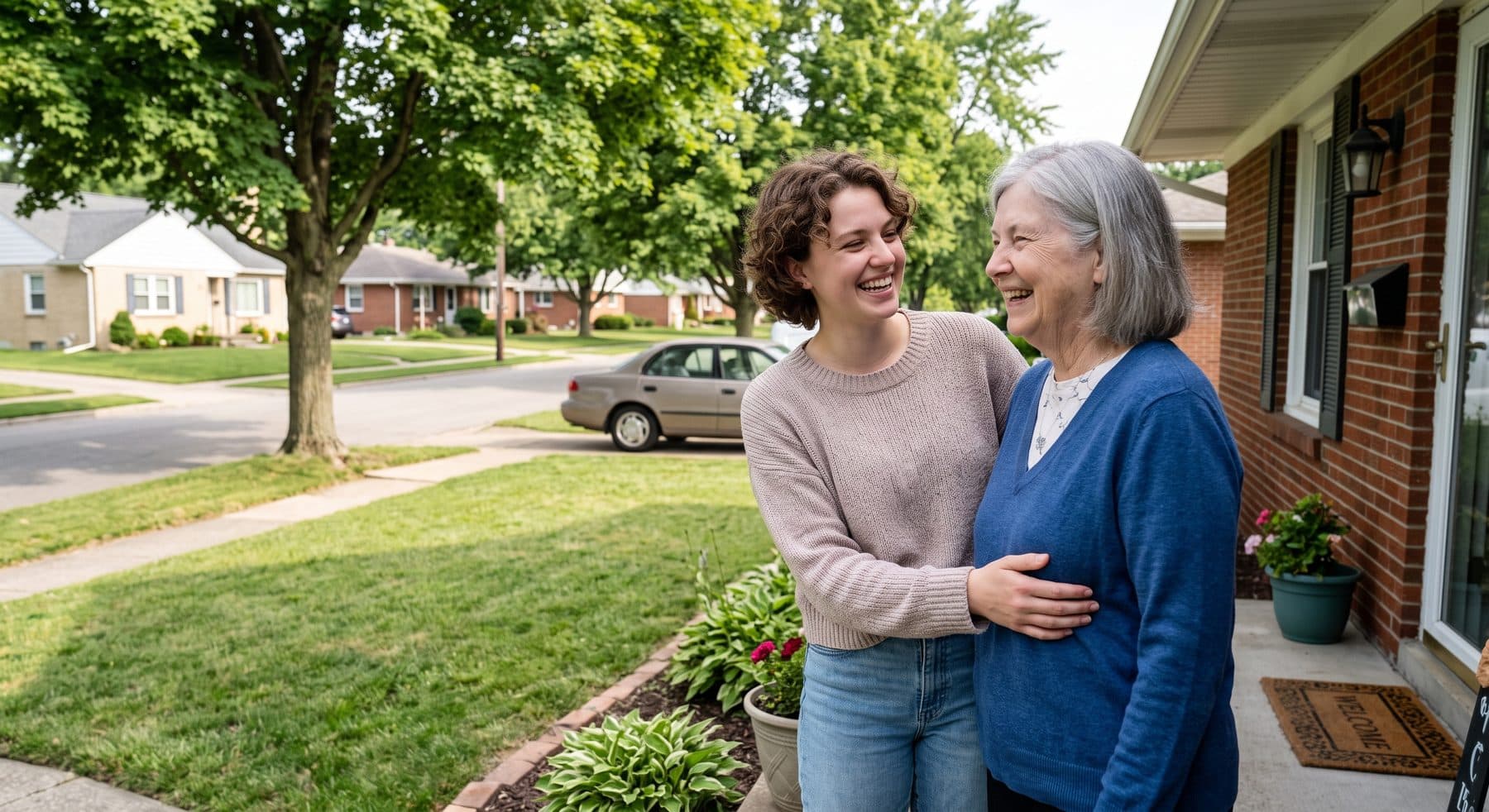 A young woman and her mother laughing together outside their home.