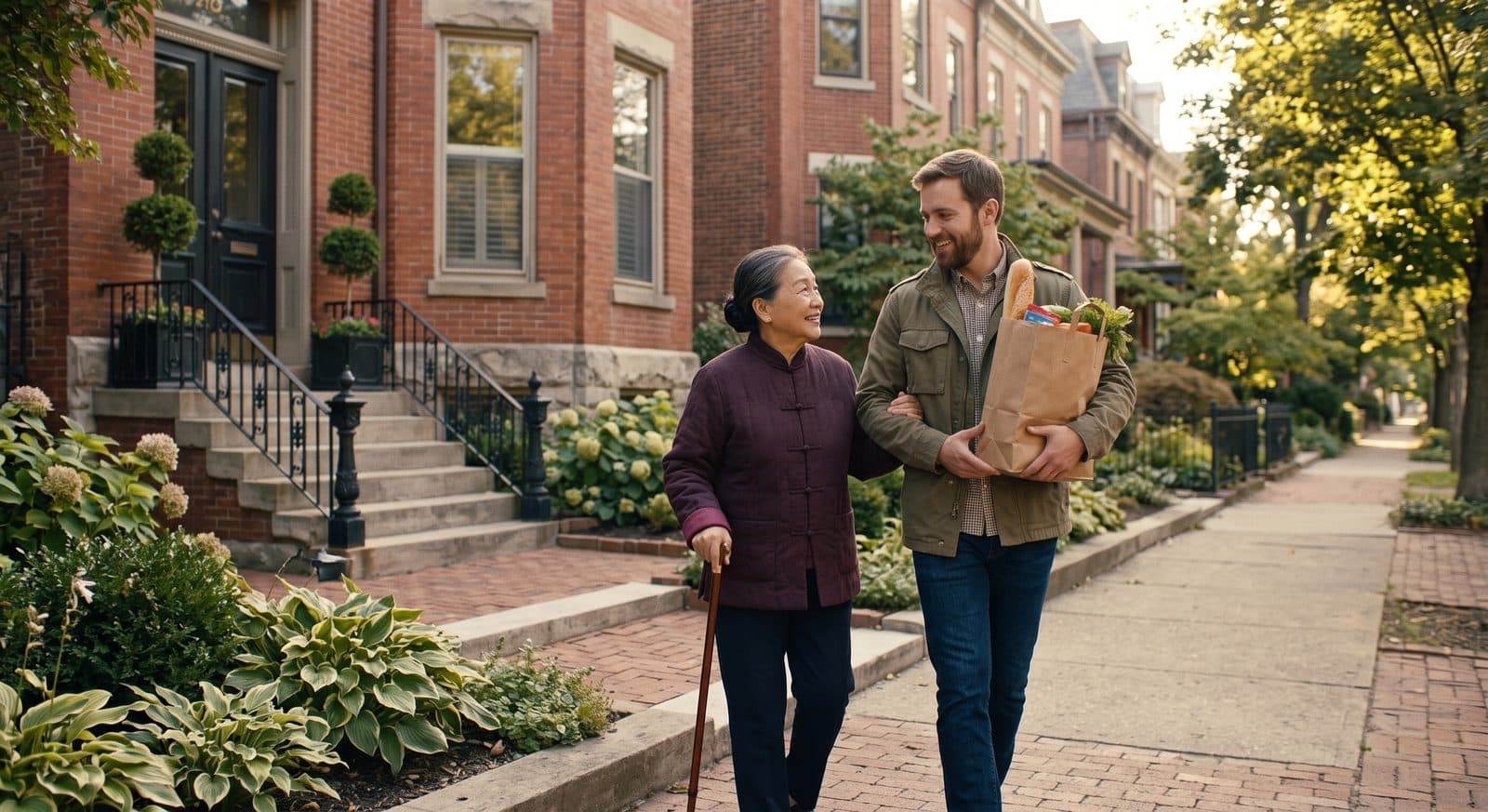 A man carrying the groceries home along the sidewalk, an older woman walking arm in arm beside him.