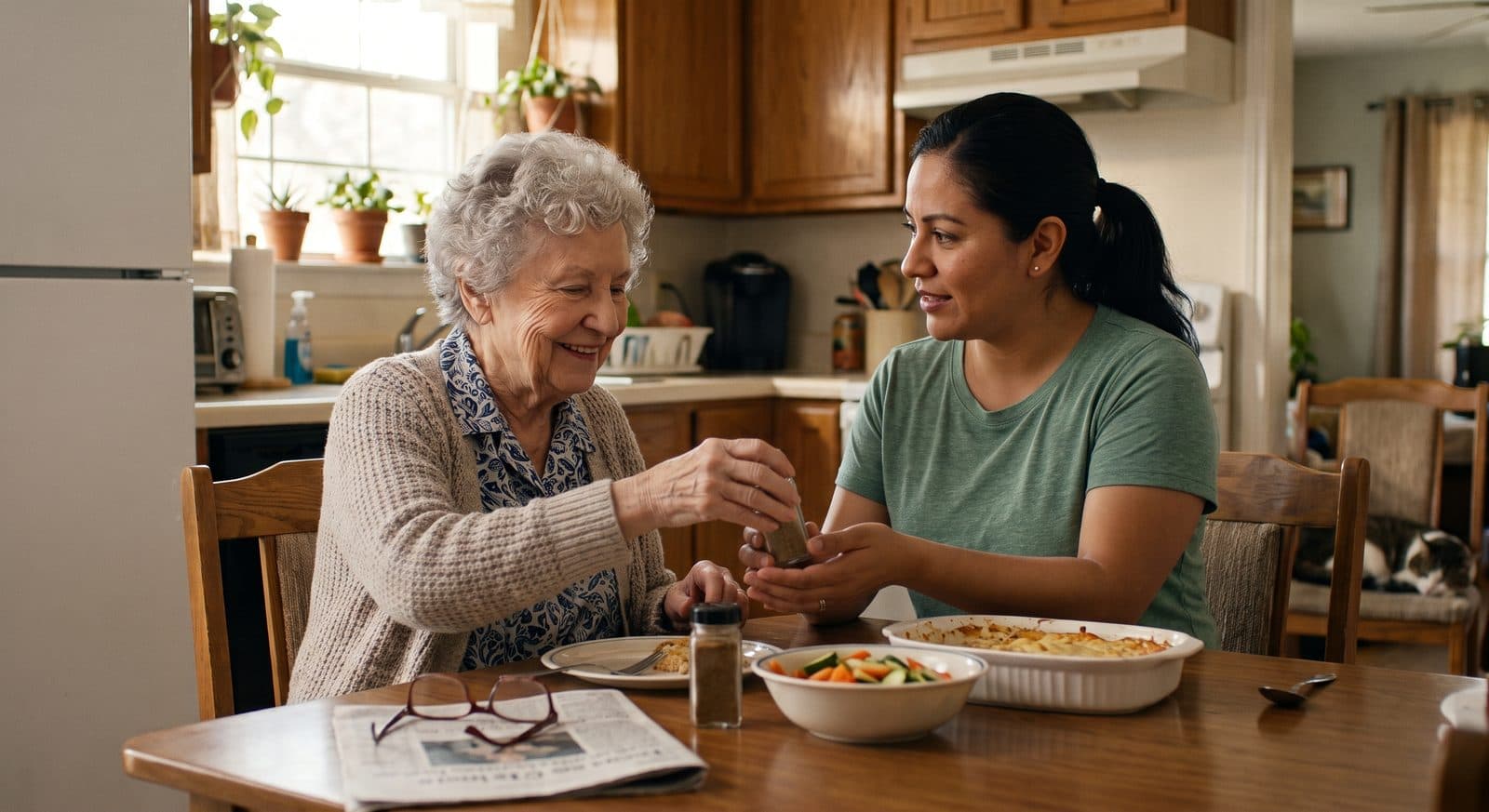 Dos mujeres en la mesa de la cocina ante una comida casera; una le sostiene el frasco de condimento a la otra.